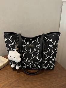 1 buah Tas Tote Bahu Wanita Modis Berbahan Serat Poliester dengan Dekorasi Awan, Kapasitas Besar, dan Resleting, Motif Bintang, Cocok untuk Penggunaan Sehari-hari di Musim Semi/Panas - Hitam dan Putih - View 7