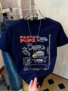 Camiseta de manga corta con cuello redondo para mujer, con estampado de perrito pasta, de alta elasticidad, estilo estándar italiano, cómoda y casual, adecuada para el verano, color blanco. - Azul Marino - Ver 5