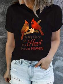 Camiseta de Verano Premium para Mujer con Estampado de Pájaros, Manga Corta, Cuello Redondo, Ropa Casual de Primavera/Verano para Mujer - Negro - Ver 12