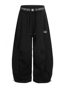 Pantalones Deportivos Mujer Otoño 2026 Retro Americano, Estilo Nicho Deconstruido Corte Curvo, Pantalones Pierna Ancha Holgados con Diseño Único - Negro - Ver 1