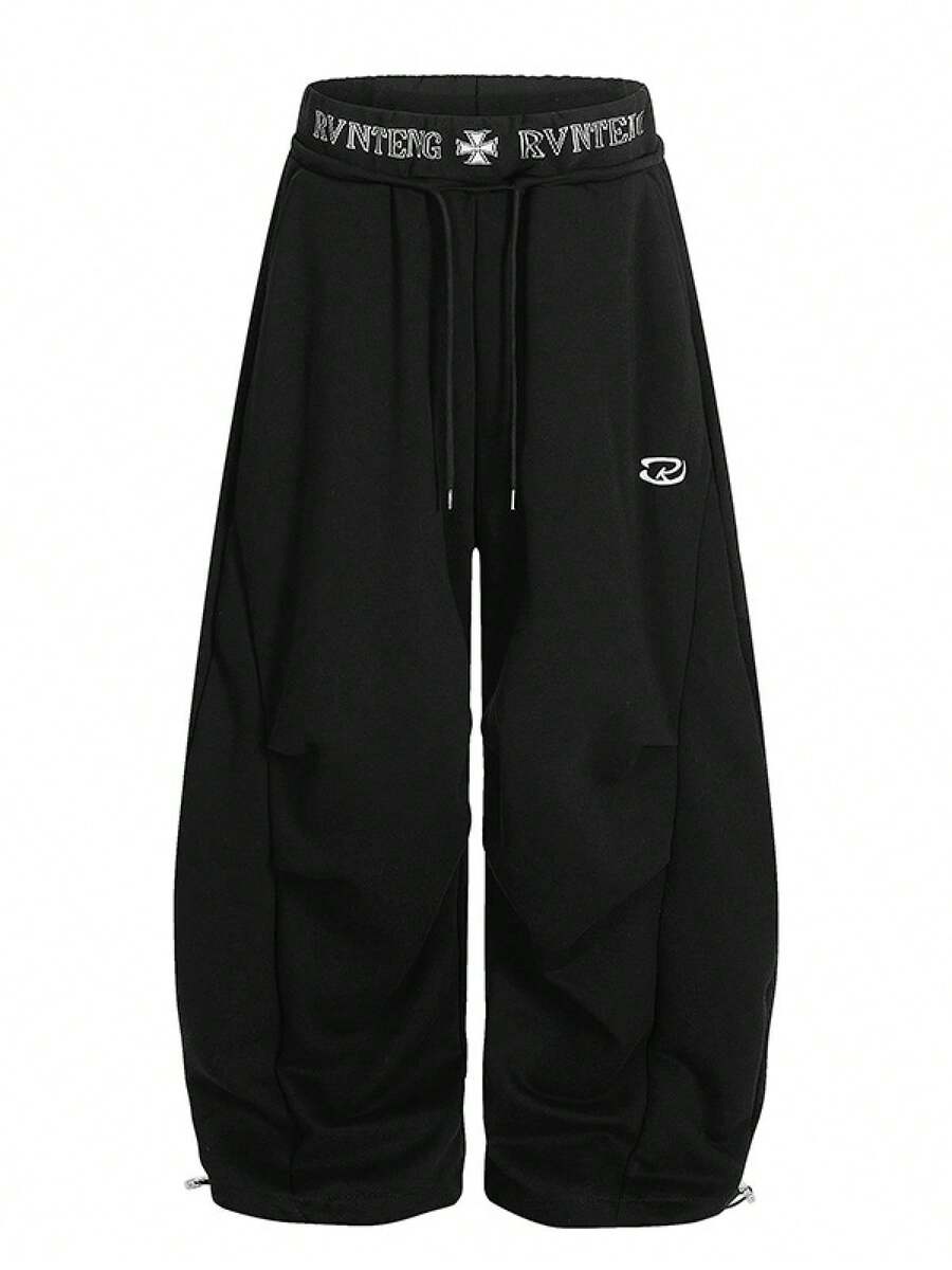 Pantalones Deportivos Mujer Otoño 2026 Retro Americano, Estilo Nicho Deconstruido Corte Curvo, Pantalones Pierna Ancha Holgados con Diseño Único - Negro - Ver 1