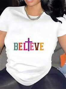 Camiseta para Mujer Under The RadarBELIEVE con Estampado de Cruz de 180g - Perfecta para Regalo de Pascua, Iglesia, Reuniones Familiares y Eventos Corporativos |   Camiseta Suave y Cómoda - Estilo Urbano Vintage Unisex, de Algodón, Manga Corta, Cuello Redondo - Blanco - Ver 6