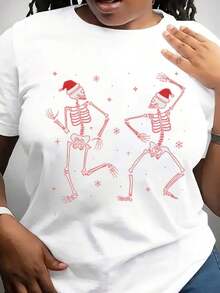 Suave, transpirable y ligero para comodidad durante todo el día. Camiseta de Navidad para mujer con estampado de esqueletos bailando, estilo boho, de la colección "Es la temporada navideña". Camiseta con capucha de mezcla de tela gruesa. Cuello redondo clásico con un corte relajado que favorece todas las formas del cuerpo y es fácil de combinar con jeans, shorts y leggings. - Blanco - Ver 7