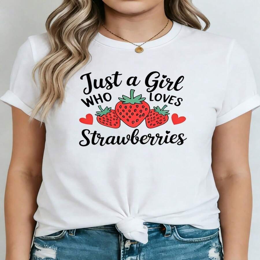 Women's Just A Girl Who Loves Strawberries Cotton Short Sleeve T-Shirt Casual Regular Fit Regular Length Top - 白色 - 查看 1