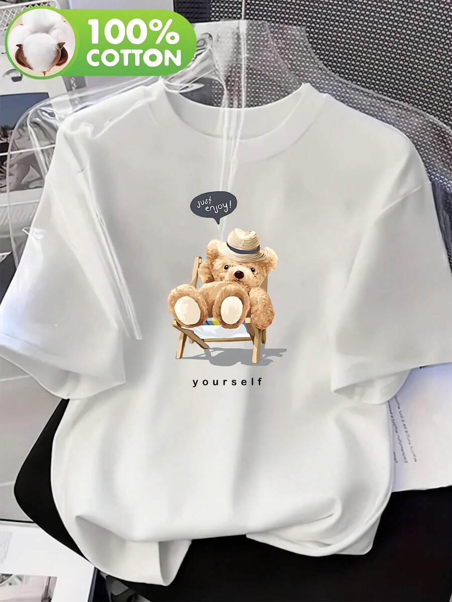 1 Women's Printed T-Shirt - Cute Teddy Bear With Glasses And "You Are Yourself" Print, Loose Fit, Round Neck, Short Sleeve, Suitable For Casual Spring And Summer Wear, Teddy Bear T-Shirt, Comfortable Everyday T-Shirt, Fun Design T-Shirt. 100% Cotton, 180g. - 白色 - 查看 1