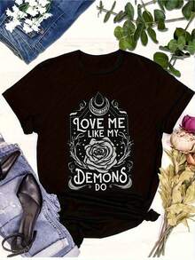 1 Women's Romantic Gothic T-Shirt - Dark Floral And Sky Print With The Phrase "Love Me Like You Love My Demon" - Loose Vintage Black T-Shirt With Rose And Bat Wing Design - Breathable Short Sleeve Crew Neck T-Shirt Suitable For Daily And Party Wear - All Season Gothic Style T-Shirt, 180g 100% Cotton - 黑色 - 查看 6
