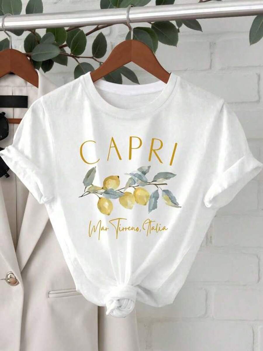 Women's Round Neck T-Shirt With Lemon Graphic Print - 白色 - 查看 1
