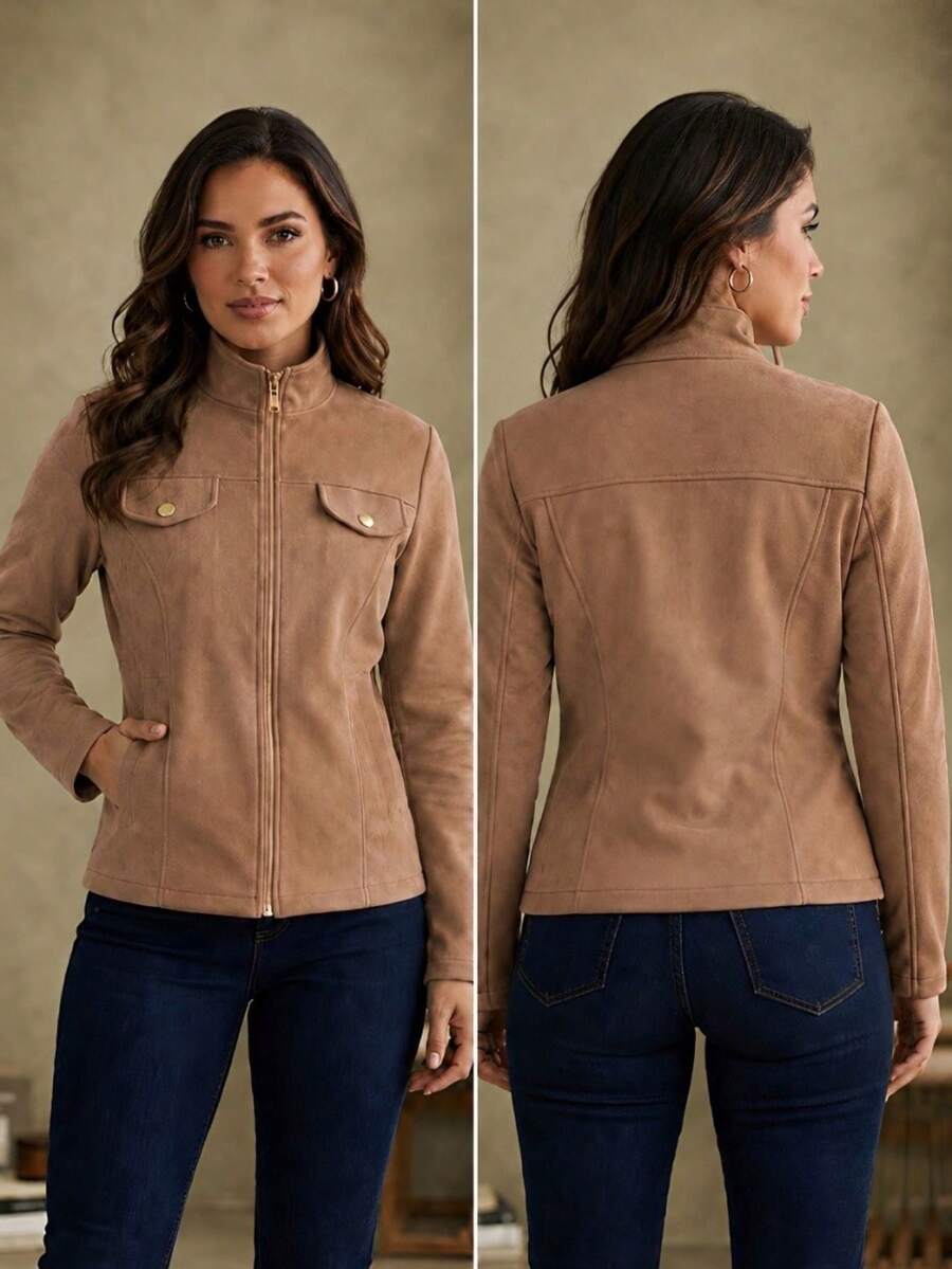 Slim Fit Jacket In Fleece Fabric, Wool Style, Faux Pockets, Winter Fashion, Party, São João (Saint John's Day), Office, Day-To-Night, , Premium, Blogger. - 乾枯玫瑰色 - 查看 1