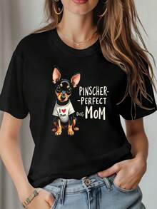 Women's T-Shirt With Pinscher And Perfect Pinscher Mom Print "I Love Mom", Casual Round Neck, Spring Summer Top, Short Sleeve, Universal Basic Style - màu đen - Xem 1