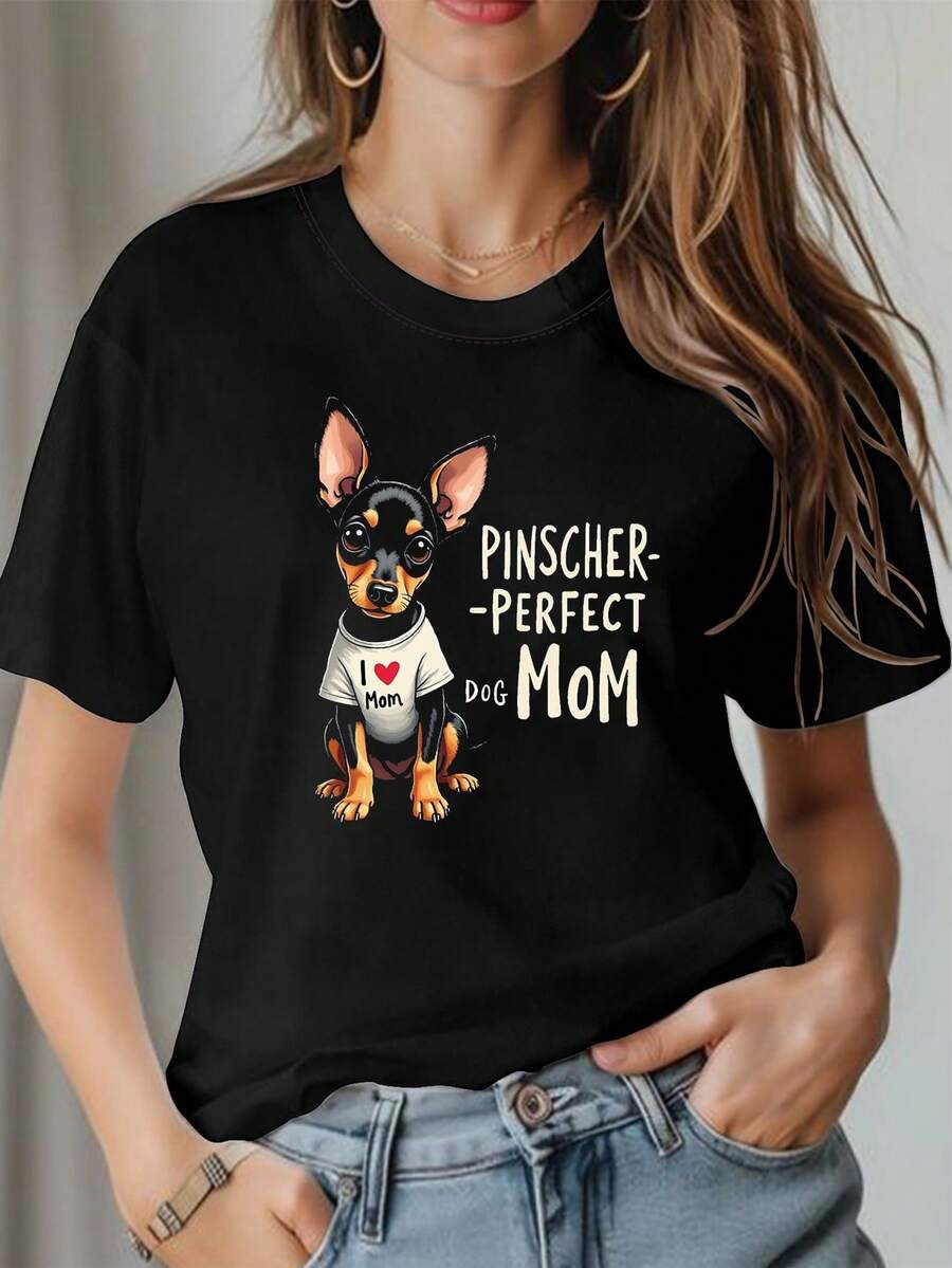 Women's T-Shirt With Pinscher And Perfect Pinscher Mom Print "I Love Mom", Casual Round Neck, Spring Summer Top, Short Sleeve, Universal Basic Style - màu đen - Xem 1