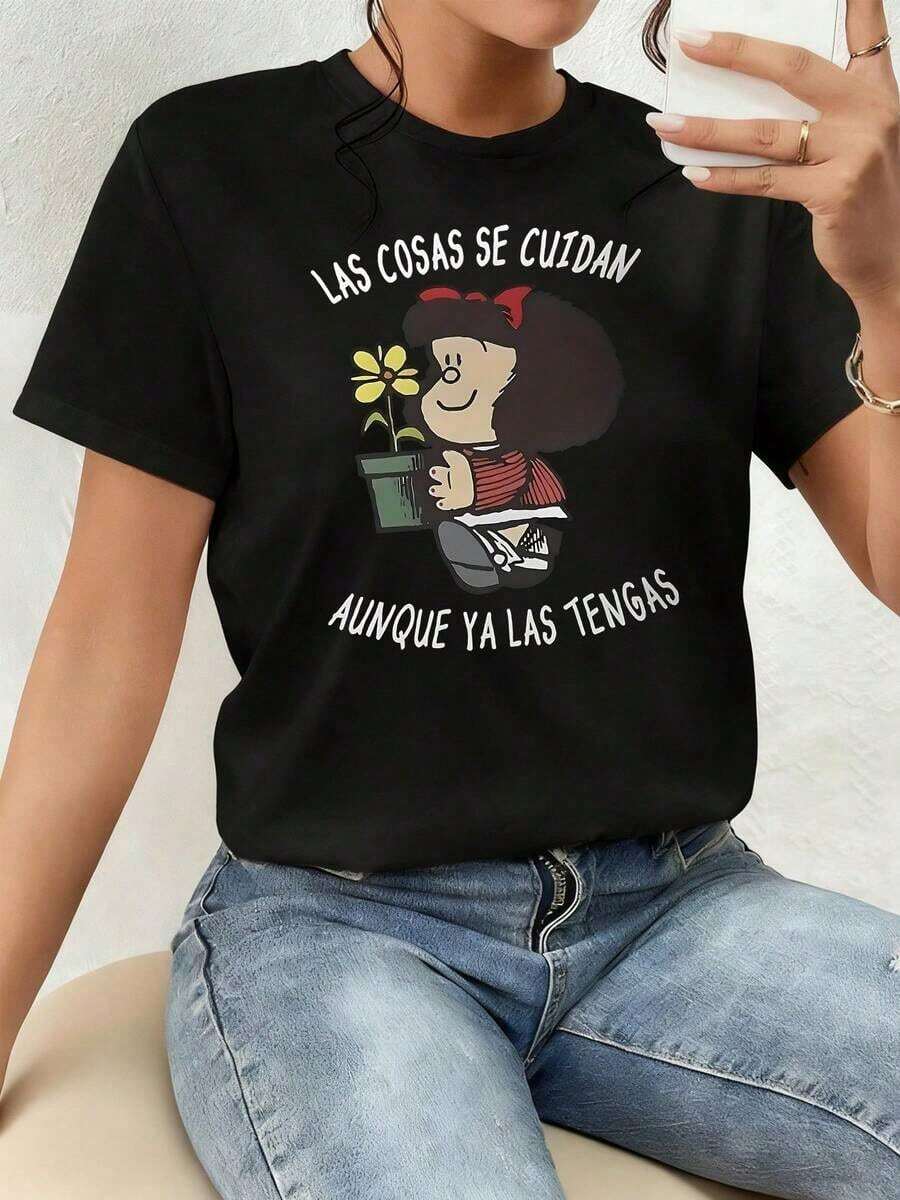 Inspirational Phrase About Caring For And Appreciating What You Have With A Cute Drawing Holding A Flower, Double-Sided Women's T-Shirt With A Positive Message, Comfortable Clothing. - 黑色 - 查看 1