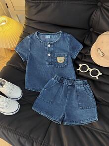 2 peças/Conjunto Bebê Menino Urso Fofo Top de Manga Curta + Shorts Versáteis, Conjunto Casual Estiloso Adequado para Uso Diário, Esportes, Sessões de Fotos, Passeios - Lavagem clara - Visão 1