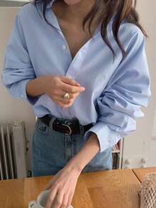 Camisa casual de mujer de un solo pecho de manga larga con hombros caídos y unicolor - Gris - Ver 6