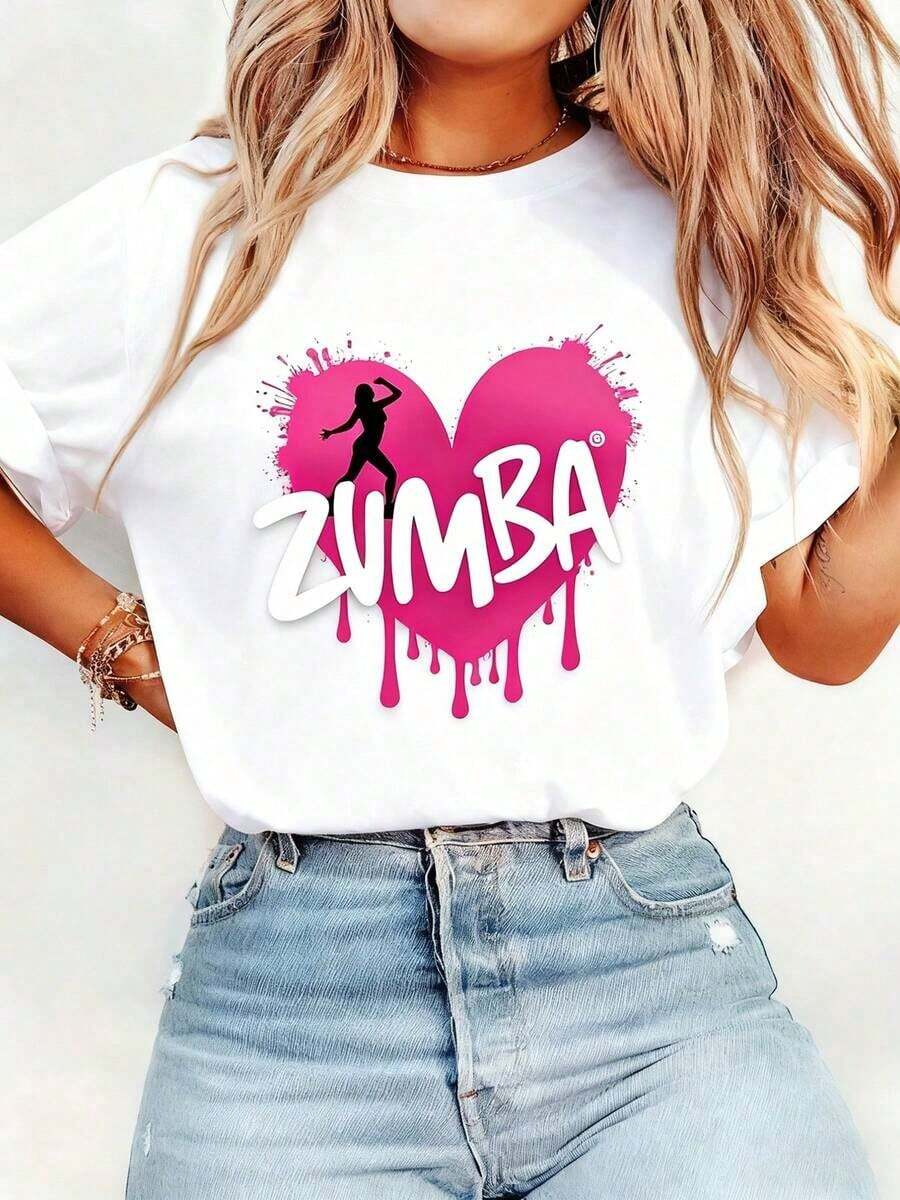 Women's Short-Sleeved Cotton T-Shirt With Round Neck And Heart Print Zumba, Casual Summer Graphic Tee For Dance, Fitness And Everyday Wear. - 白色 - 查看 1