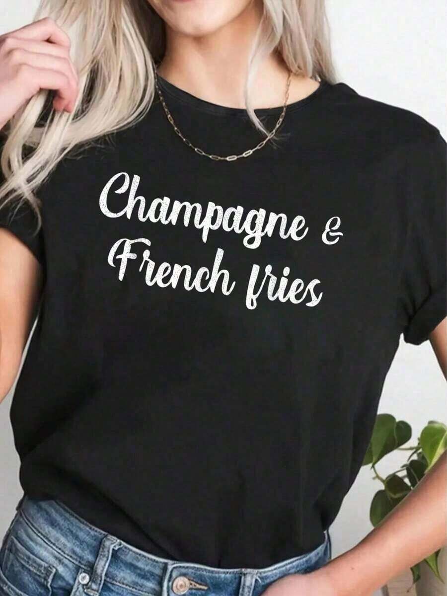 Funny T-Shirt For Women With Champagne And French Fries Design - 黑色 - 查看 1