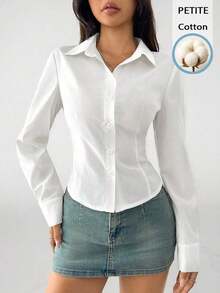 Camisa básica de manga larga informal con cintura recogida - Blanco - Ver 10