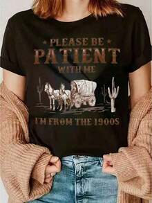 Women's Casual Loose Fit T-Shirt With Western Print "Please Be Patient With Me", Breathable And Comfortable, Short Sleeve, Crew Neck, Vintage Car And Cactus Print, Soft Cotton, Perfect For Everyday Wear And Urban Cowgirl Style - 黑色 - 查看 6