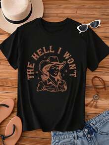 Women's Clothing Women's Crew Neck T-Shirt With Cowgirl Print With Hat And The Phrase "I Won't Text", Short Sleeve, Casual Wear For Daily Outings And Western Style Events, Women's Shirts - 黑色 - 查看 2
