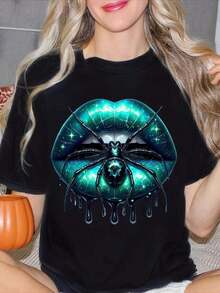 Women's T-Shirt With Spider Print On Glossy Lips, Perfect For Summer, Regular Fit And Round Neck, Casual T-Shirt, Everyday T-Shirt, Vacation T-Shirt, Sports T-Shirt, Women's Clothing - 黑色 - 查看 1