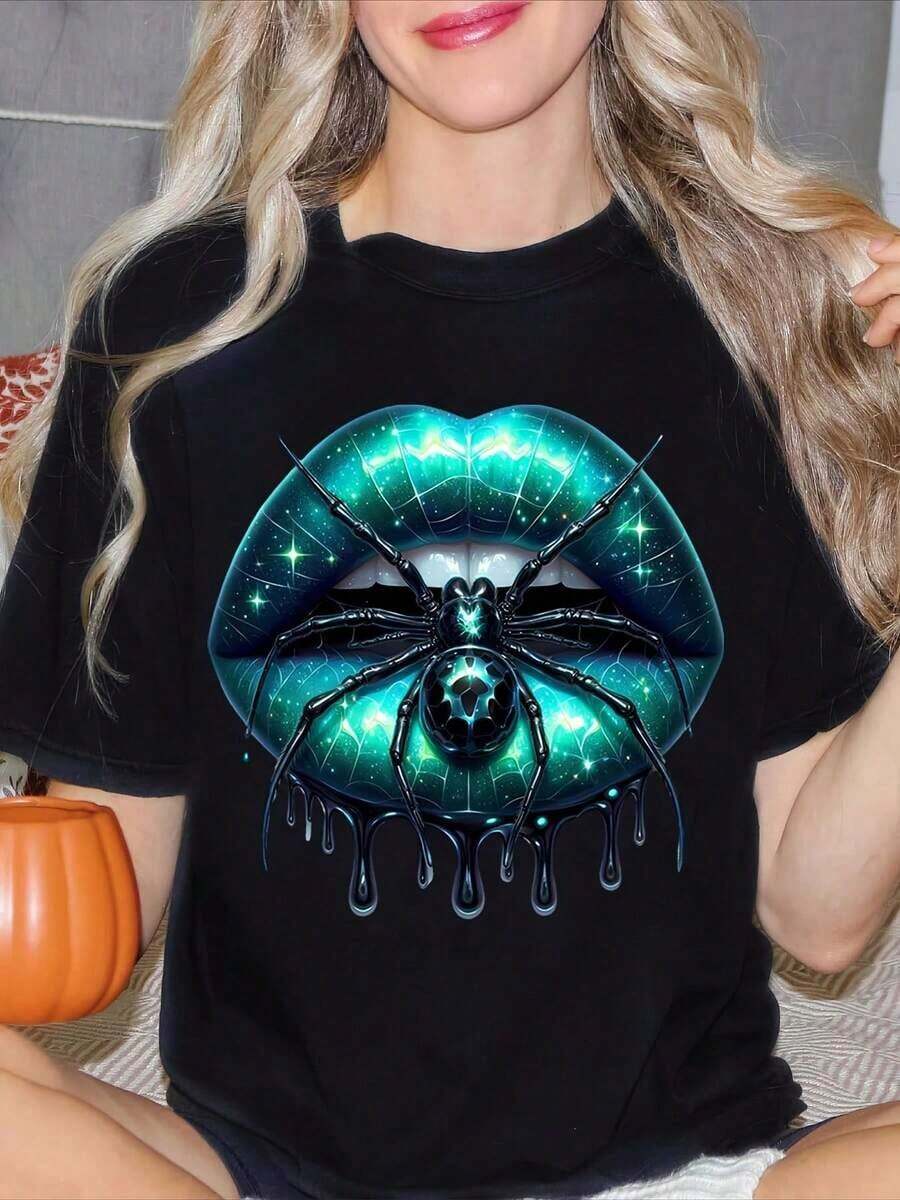 Women's T-Shirt With Spider Print On Glossy Lips, Perfect For Summer, Regular Fit And Round Neck, Casual T-Shirt, Everyday T-Shirt, Vacation T-Shirt, Sports T-Shirt, Women's Clothing - 黑色 - 查看 1