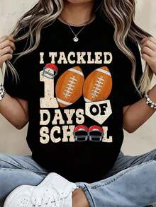 White Cotton Casual T-Shirt With American Football Helmet And Goggles Print "I Faced 100 Days Of School" For School Celebration - 黑色 - 查看 1