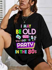 Women's Fun 80s Retro Cotton T-Shirt, Short-Sleeved, Printed, Crew Neck, Casual, Perfect For Summer Parties, And A Great Gift For Friends And Family. 100% Cotton T-Shirt With A Youthful And Modern Design. Casual Blouse For Women. - 黑色 - 查看 1