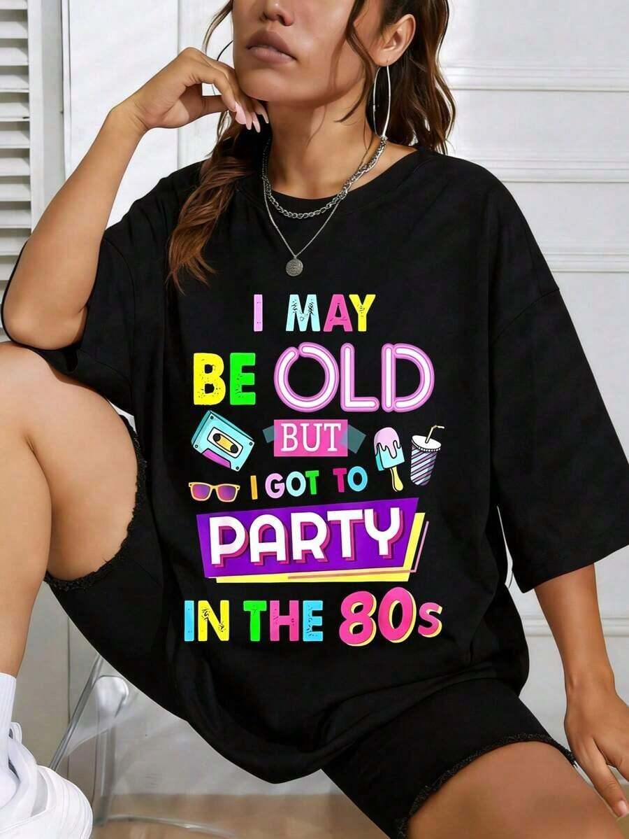 Women's Fun 80s Retro Cotton T-Shirt, Short-Sleeved, Printed, Crew Neck, Casual, Perfect For Summer Parties, And A Great Gift For Friends And Family. 100% Cotton T-Shirt With A Youthful And Modern Design. Casual Blouse For Women. - 黑色 - 查看 1