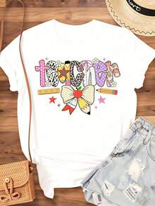 Women's Cotton T-Shirts With Cute Pattern Design For Teachers, Women's T-Shirt With Bow And Apple Print, Educational Themed Gift For Teacher's Day, Thank You To School Teachers, Basic Women's Blouses. - 白色 - 查看 3