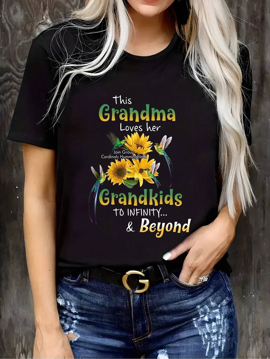 1 camiseta de talla grande con estampado de patrones de familiares y nietos, de manga corta, cuello redondo, estilo casual, ropa de primavera/verano para mujer, 180g 100% algodón. - Negro - Ver 1