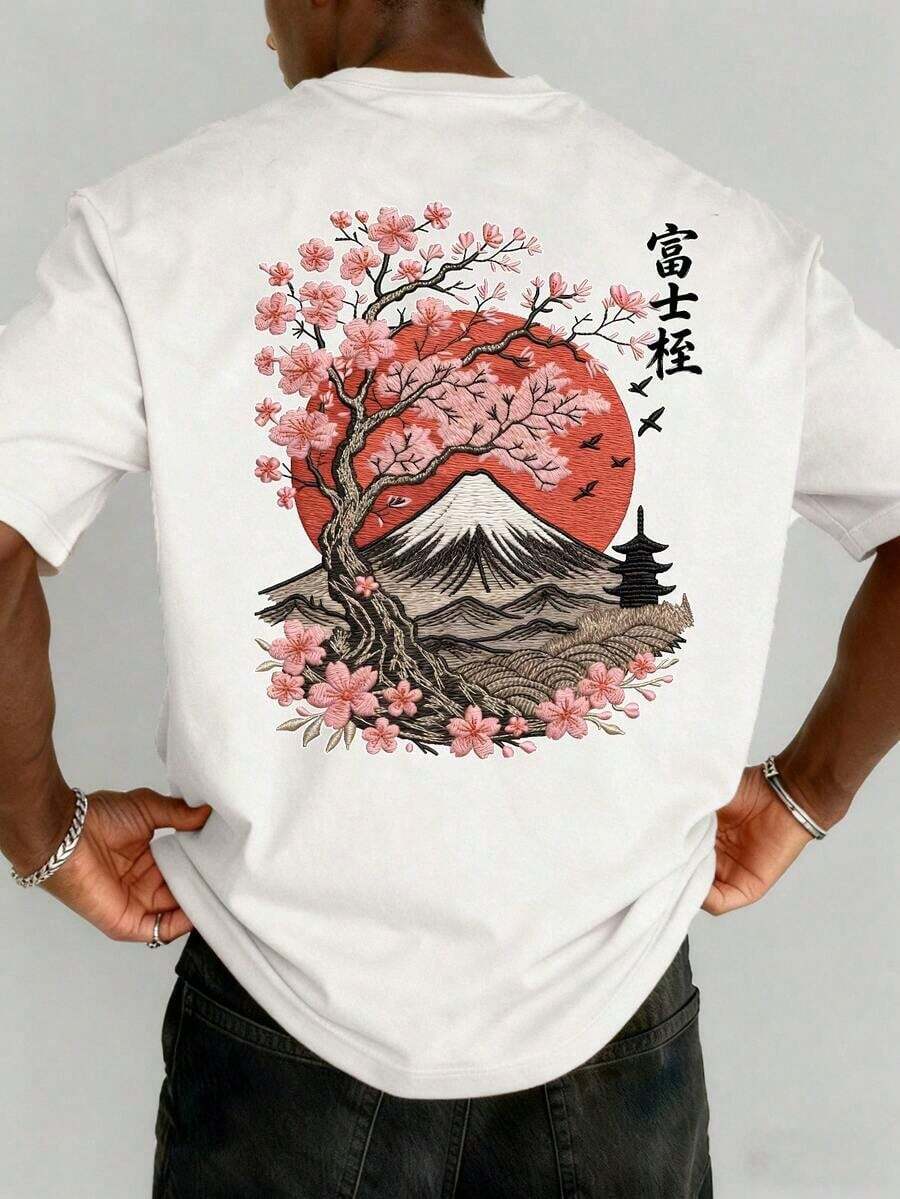 The Hottest Item Of The Summer: Men's Short-Sleeved Crew Neck T-Shirt With Embroidered Sakura And Mountain Print, Minimalist Summer Fashion. | Basic Casual Urban Style T-Shirt, Boyfriend Gift, Stylish, Popular, Party T-Shirt. - 白色 - 查看 1