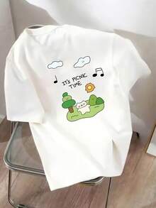 Simple And Versatile Design: New Spring/Summer Collection - Women's Short Sleeve T-Shirt With Cartoon Print "Picnic Time", Cotton T-Shirt With Round Neck. - White - View 2
