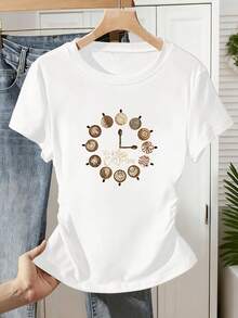 New Women's Short-Sleeved T-Shirt With A Pleated Waist And Round Neck, Featuring A Creative And Modern Design With A Latte Clock, Perfect For A Niche And Elegant Look - 白色 - 查看 1
