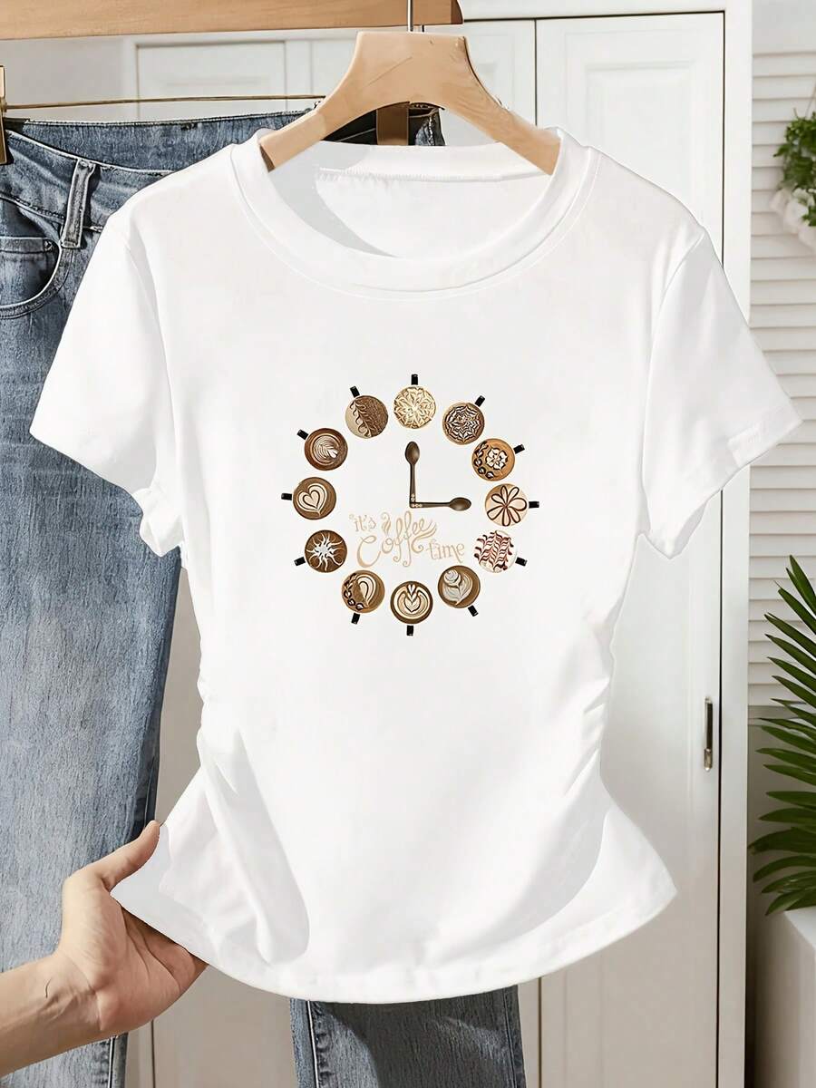 New Women's Short-Sleeved T-Shirt With A Pleated Waist And Round Neck, Featuring A Creative And Modern Design With A Latte Clock, Perfect For A Niche And Elegant Look - 白色 - 查看 1