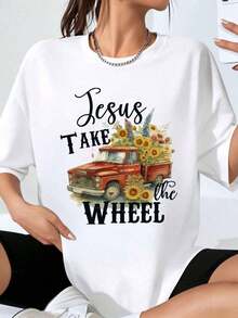 Women's "Jesus Take The Wheel Truck With Sunflowers" Graphic T-Shirt, Casual Style, Plus Size, Summer Fashion T-Shirt - 白色 - 查看 1