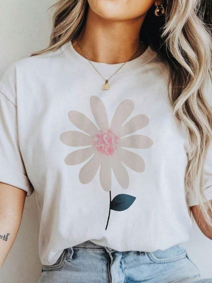 Soft, Breathable, And Lightweight For All-Day Comfort. Women's Casual White Floral Print T-Shirt - Perfect For Everyday Wear. Classic Crew Neck With A Relaxed Fit That Flatters All Body Types And Is Easy To Pair With Jeans, Shorts, And Leggings. - 白色 - 查看 1