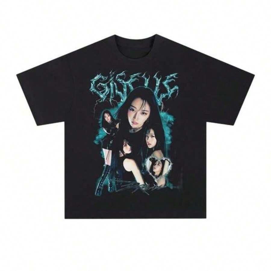 Summer Aespa Giselle American Urban Style Short Sleeve T-Shirt, Women's Blouses, Blouses, Casual Blouses For Women, Casual Tops For Women, Women's Tops, Tops, Unisex. - 黑色 - 查看 1