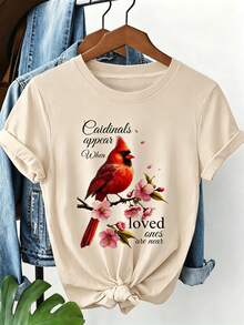 Soft, One-Piece Summer Outfit For Plus-Size Women, Featuring A Comforting And Healing Print Of The American Cardinal And Cherry Blossom In Commemoration Of The Motto "Cardinals Appear When Loved Ones Are Near," A Mother's Day Gift, Plus-Size Blouse For Women, Summer Clothes For Women, Elegant Blouses For Women. - 杏色 - 查看 7
