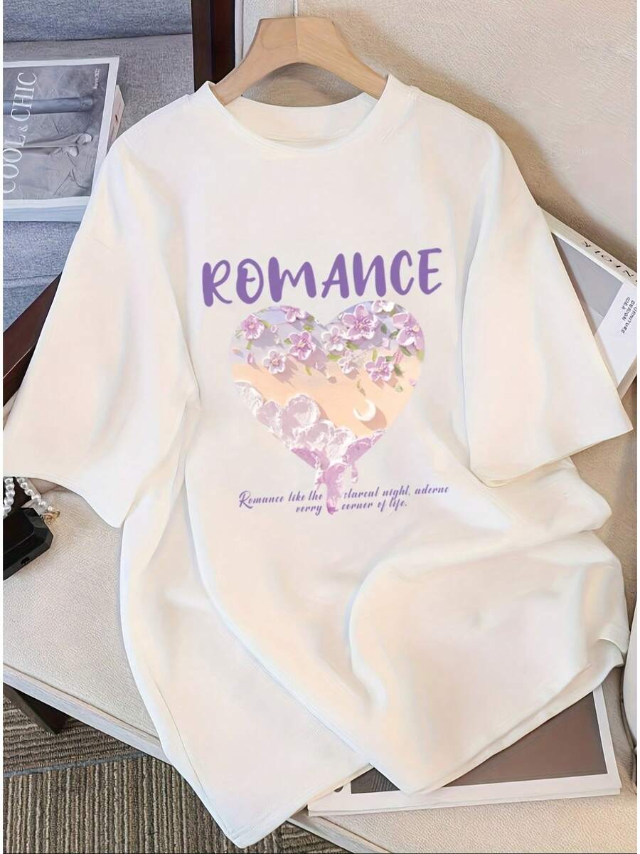New Women's Short-Sleeved T-Shirt, Summer Style, Made Of Pure Cotton, Versatile, Round Neck, White, With Oil Painting Style Heart Print. - 白色 - 查看 1