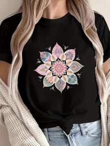 Women's T-Shirt With Lotus And Mandala Print - Bohemian Style Top With Lotus And Mandala Design, Short Sleeve, Round Neck, Casual Summer Shirt, Medium Elasticity, Breathable, Suitable For Meditation, Festival Use And Daily Wear, Blouses For Women. - 黑色 - 查看 1