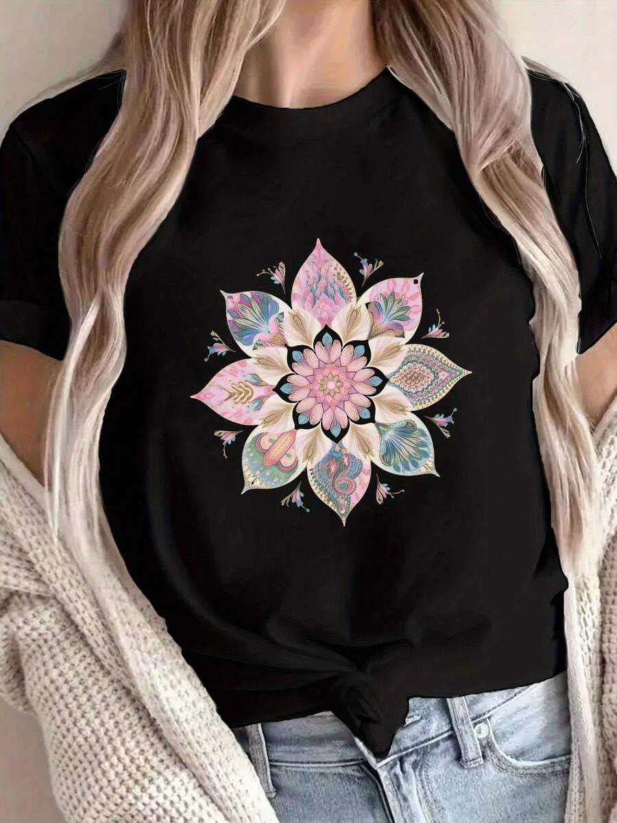Women's T-Shirt With Lotus And Mandala Print - Bohemian Style Top With Lotus And Mandala Design, Short Sleeve, Round Neck, Casual Summer Shirt, Medium Elasticity, Breathable, Suitable For Meditation, Festival Use And Daily Wear, Blouses For Women. - 黑色 - 查看 1