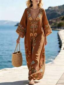 Holidaya Vestido largo y suelto con estampado floral, vestido casual de playa, vestido largo con estampado floral como cubierta, adecuado para vacaciones, viajes, playa, ocio al aire libre, vida diaria, compras, reuniones con amigos, viajes al sudeste asiático/islas, eventos temáticos, fiestas de verano al aire libre, picnics, atuendo ligero para vacaciones - Amarillo - Ver 7