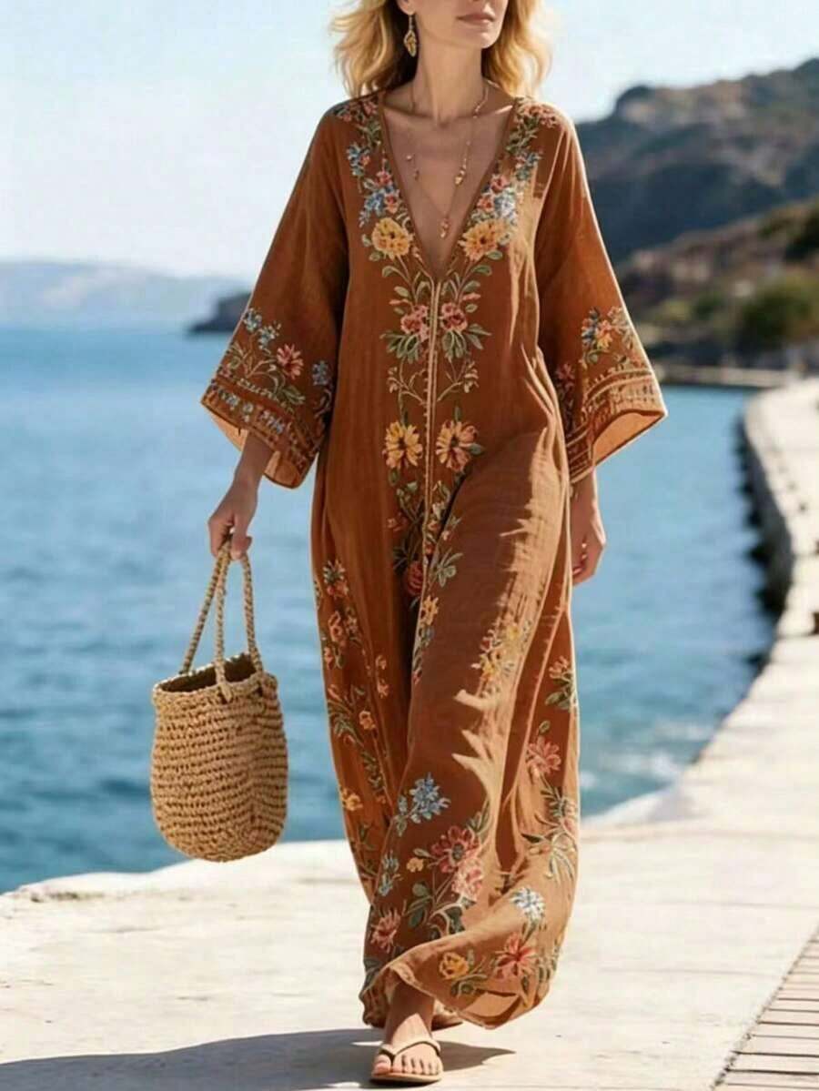 Holidaya Vestido largo y suelto con estampado floral, vestido casual de playa, vestido largo con estampado floral como cubierta, adecuado para vacaciones, viajes, playa, ocio al aire libre, vida diaria, compras, reuniones con amigos, viajes al sudeste asiático/islas, eventos temáticos, fiestas de verano al aire libre, picnics, atuendo ligero para vacaciones - Marrón - Ver 1