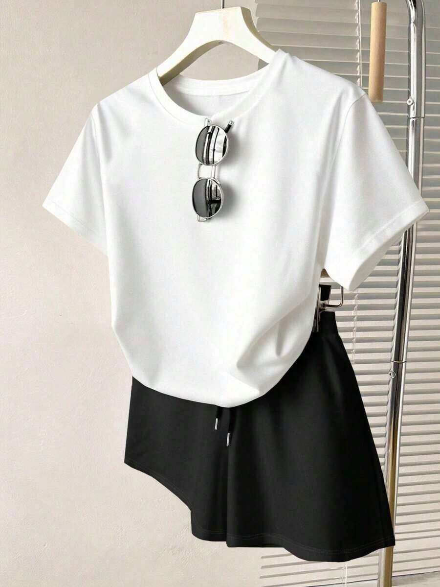 Conjunto casual diario de top de manga corta de cuello redondo de unicolor y shorts con cordón en la cintura para mujer - Blanco - Ver 1