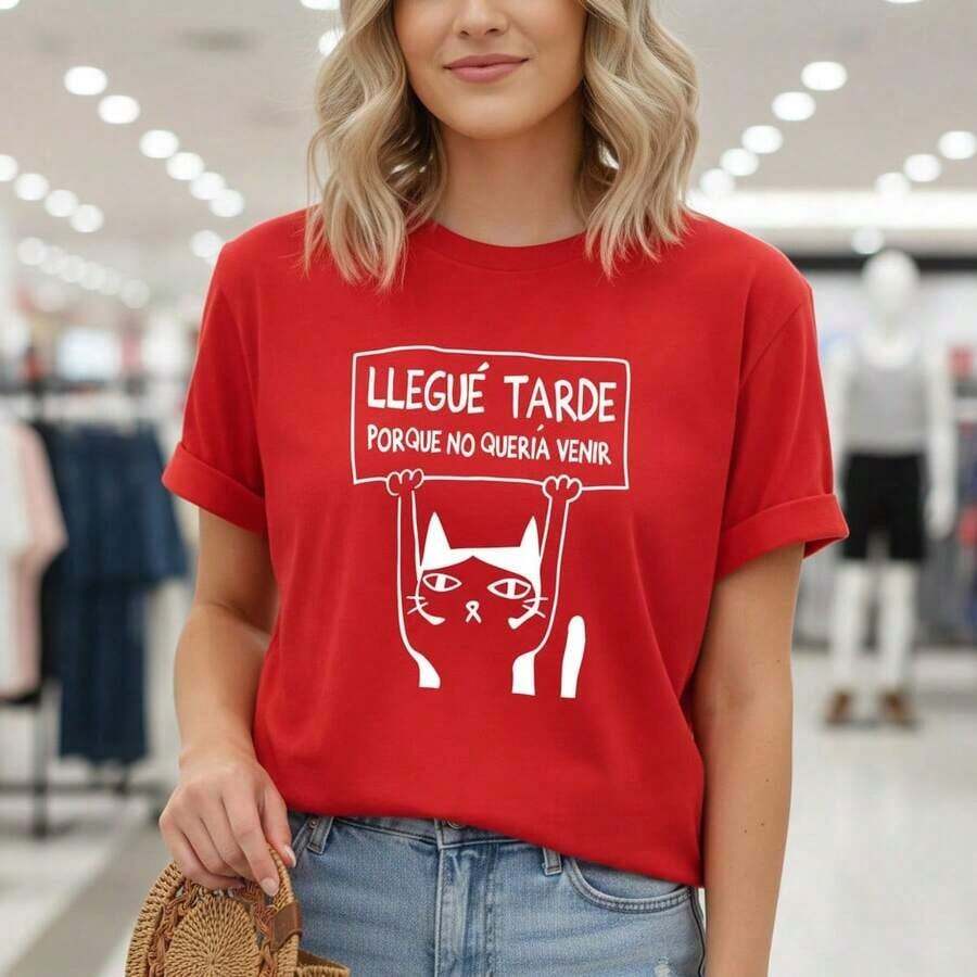 Women's Pure Cotton T-Shirt With Cat Print "I Was Late Because I Didn't Want To Come", Casual Short Sleeve Crew Neck T-Shirt, Comfortable Loose Fit Top, Available In Various Sizes, Cute Design T-Shirt For Everyday Wear, Soft - 紅色 - 查看 1