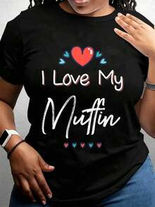 Women's T-Shirt, Black Round Neck T-Shirt With Heart Design And 'I Love My Muffin' Text, Casual Women's Clothing, Everyday Outfit, Summer Style - 黑色 - 查看 7