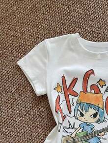 Camiseta Casual de Manga Corta con Cuello Redondo para Mujer  Personalizada con Estampado de Lema y Personaje de Dibujos Animados - Estilo Urbano Vintage Unisex, Camiseta de Manga Corta de Algodón Holgada con Cuello Redondo - Blanco - Ver 4