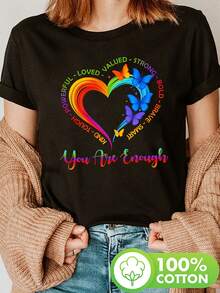 Women's LGBTQ+ Pride T-Shirt - Rainbow Heart And Positive Energy Print, 100% Cotton, Short Sleeve, Round Neck, Casual Style, Machine Washable, Spring/Summer Style, Multi-Love Design, Blouses For Women. - 黑色 - View 7