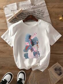 Camiseta de Verano Premium para Mujer, Blanca, con Estampado del Personaje  Sosteniendo una Espada con Diseño de Nubes, Uso Diario Casual. - Blanco - Ver 1