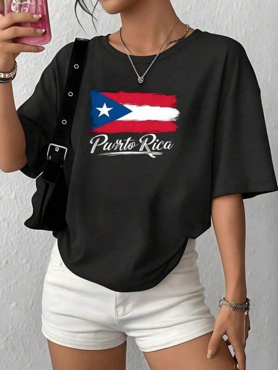 Women's Plus Size Summer T-Shirt, Round Neck, Comfortable And Cool, Short Sleeve, With Puerto Rican Flag And Text, Multifunctional, Comfortable And Breathable, Ideal For Vacations, Daily Outings, Christmas Gifts... - 黑色 - 查看 1