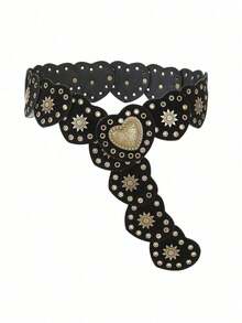 1 Piece Bohemian Vintage Style Dress Belt With Heart Patch And Decorative Rivets, Suitable For Women's Daily Wear And Parties On Halloween, Valentine's Day, Summer, School, Autumn - 黑色 - 查看 9